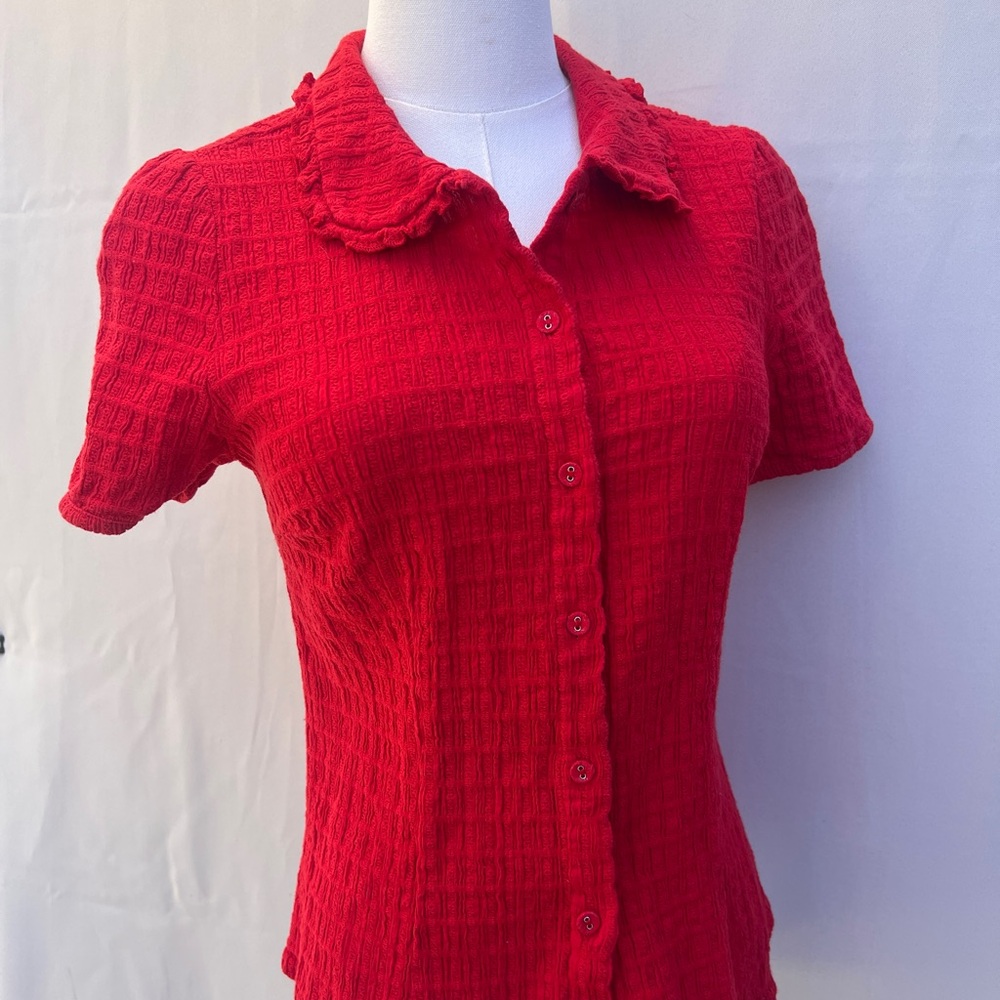 Allegra K Red Textured Button-Up Top XS